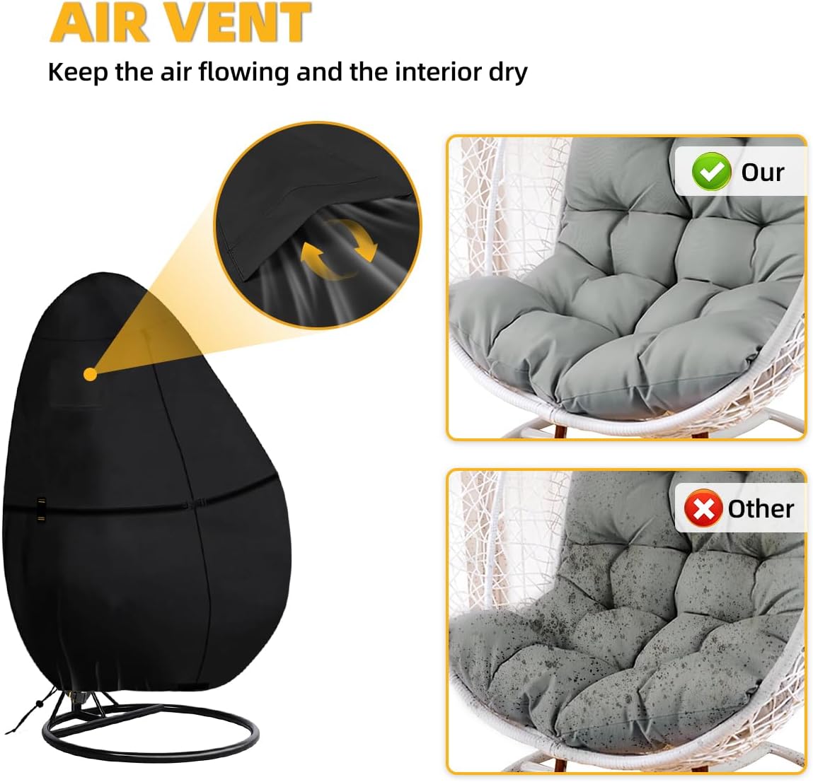 Outdoor Egg Chair Cover Waterproof with Zipper, UV Resistant & Windproof All-Weather Hanging Egg Chair Cover, Fade and Tear Resistant Hanging Chair Covers, 91" x 80", Black