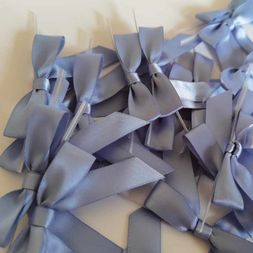 50pcs 2-1/2" Smog Blue Satin Ribbon Bows with Twist Ties Smog Satin Ribbon Bows for Candy Party Decoration Gift Packing Wrapping Accessories(2.5”,Airy Blue)