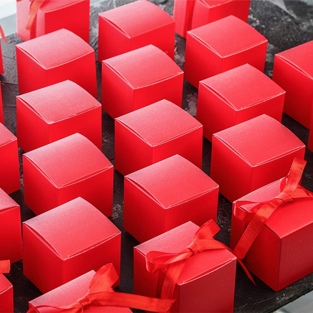 AWELL Red Gift Candy Box Bulk 2x2x2 inches with Red Ribbon Party Favor Box,Pack of 50