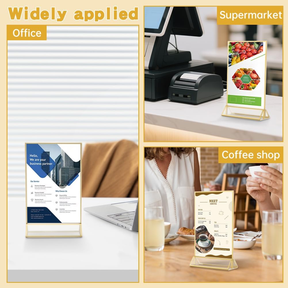 12 Pack Gold Acrylic Sign Holder 4 x 6 inch, Double Sided Gold Picture Frame Stand up Table Top Sign Holders, Wedding Table Number Frames Vertical for Party, Home, Office(4 x 6inch)