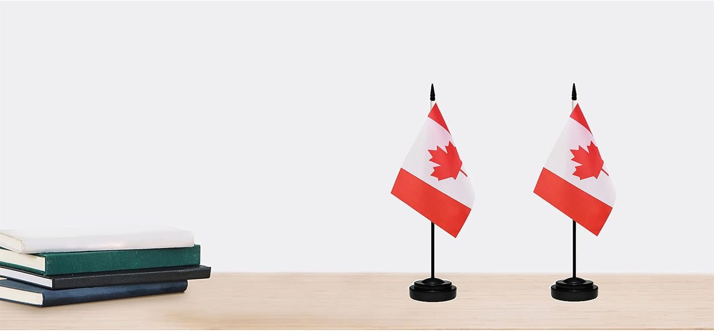 Canada Canadian Deluxe Desk Flag Set Small Mini Miniature CA Canadian Table Desktop Flags With Solid Pole, Black Base and Spear Top(2 Pack)