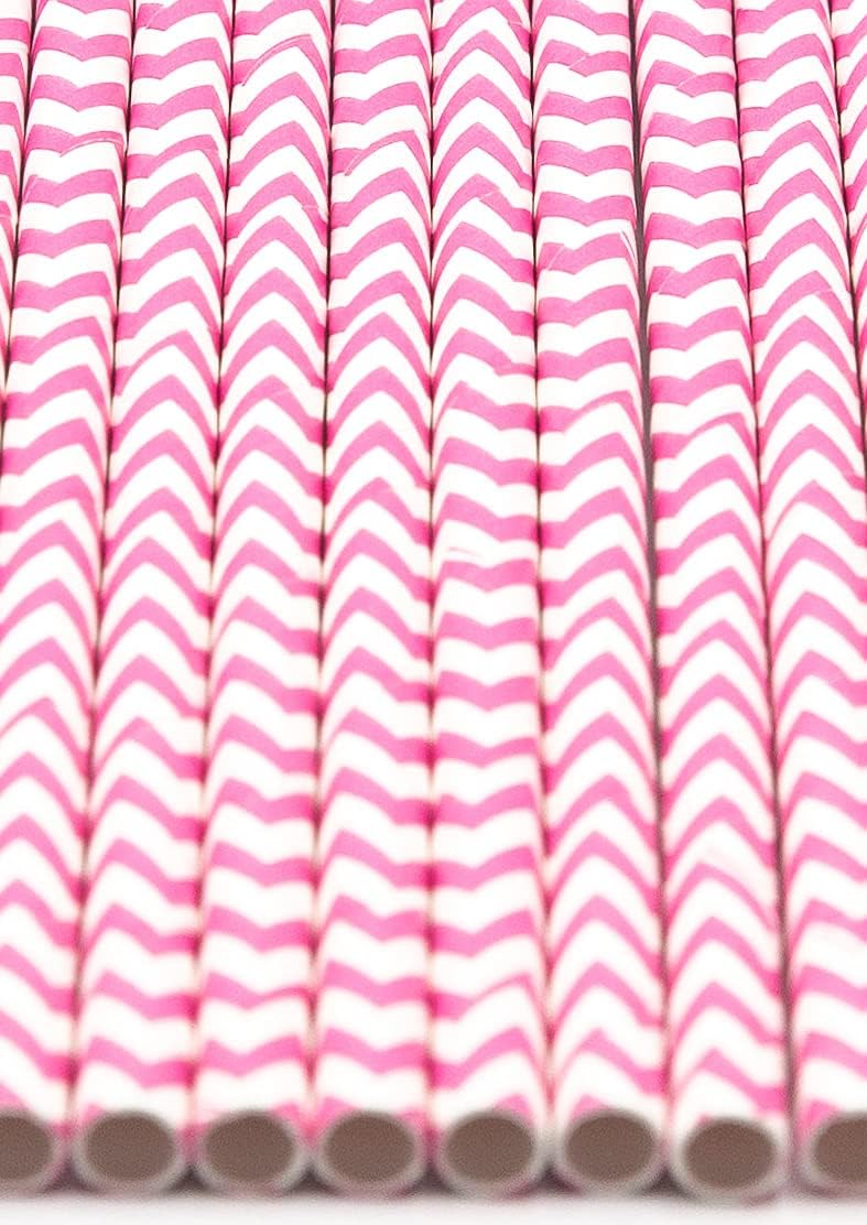Pack of 900 Baby Pink Chevron Biodegradable 4-Ply Paper Drinking Straws (Compostable, Non-toxic, BPA-free)