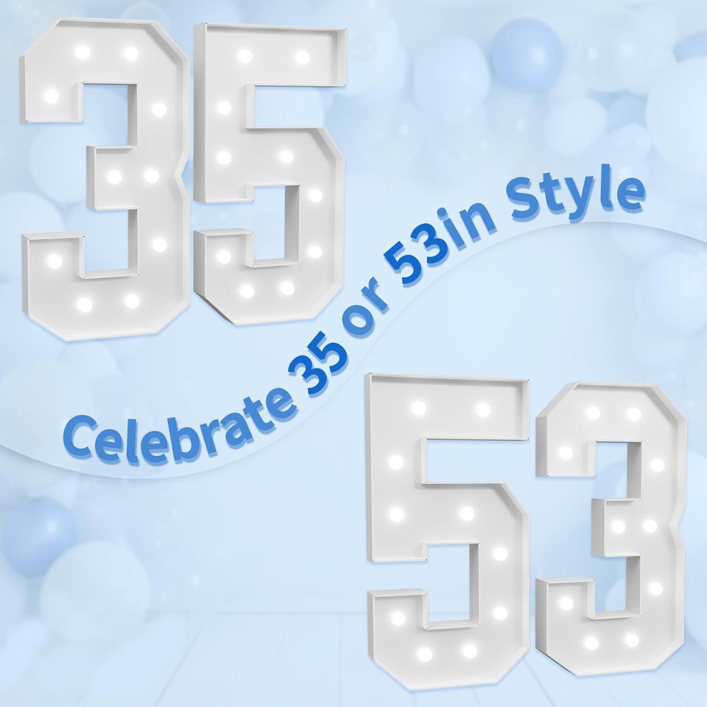 Marquee Numbers Large 53rd-Birthday Decorations: 4ft Light Up Number Party Decor 53 Year Old Women And Men 35th Birthday Decoration Backdrop Anniversary Cardboard Big Mosaic Balloon Frame Number 53
