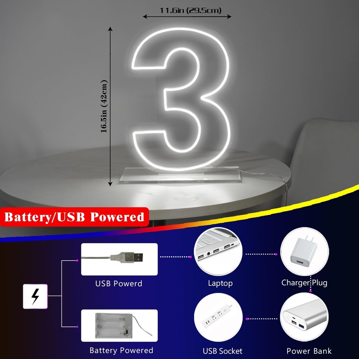 Number 3 Neon Sign for Birthday, 16.54" Cool White USB Battery Powered Led Neon Sign for Party Wedding Anniversary Decor Light Sign (Number 3)