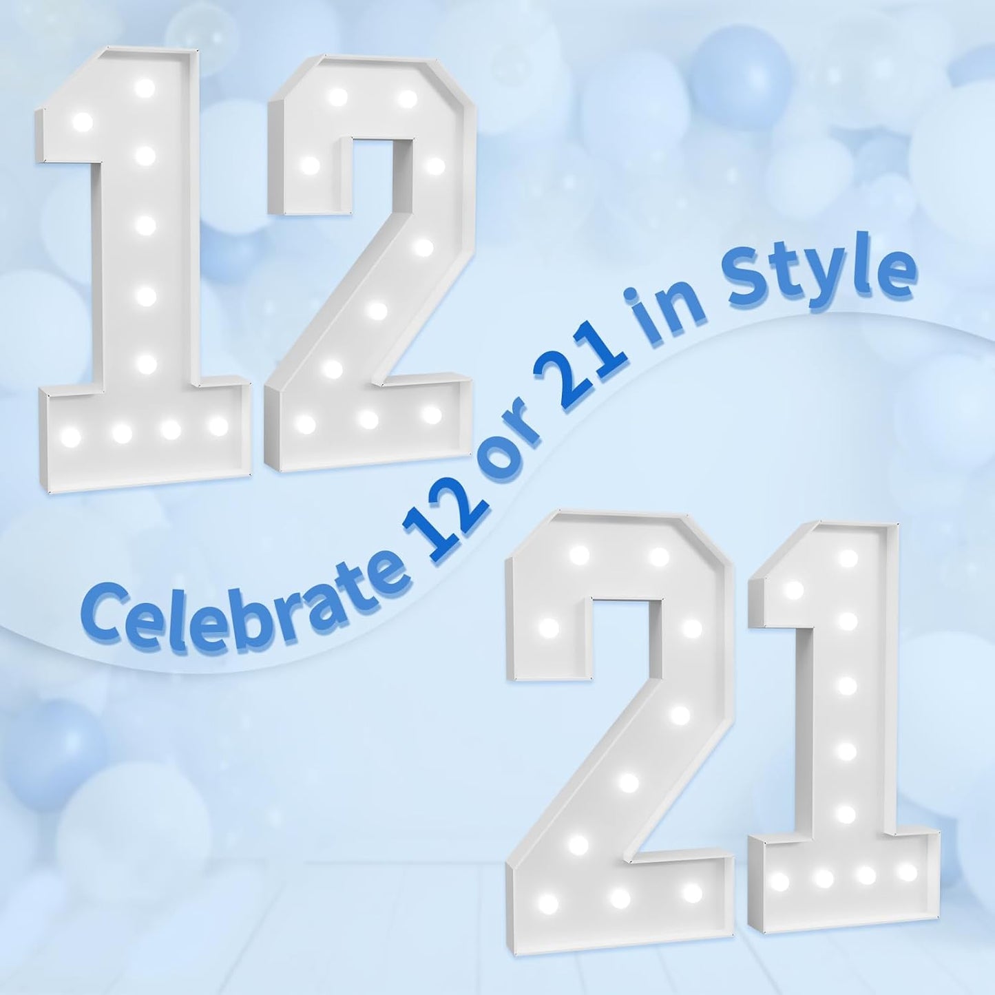 Marquee Numbers Large 12th-Birthday Decorations: 4ft Light Up Number Party Decor 21 Year Old Girl And Boy Birthday Decoration Backdrop 21 Anniversary Cardboard Big Mosaic Balloon Frame Number 12