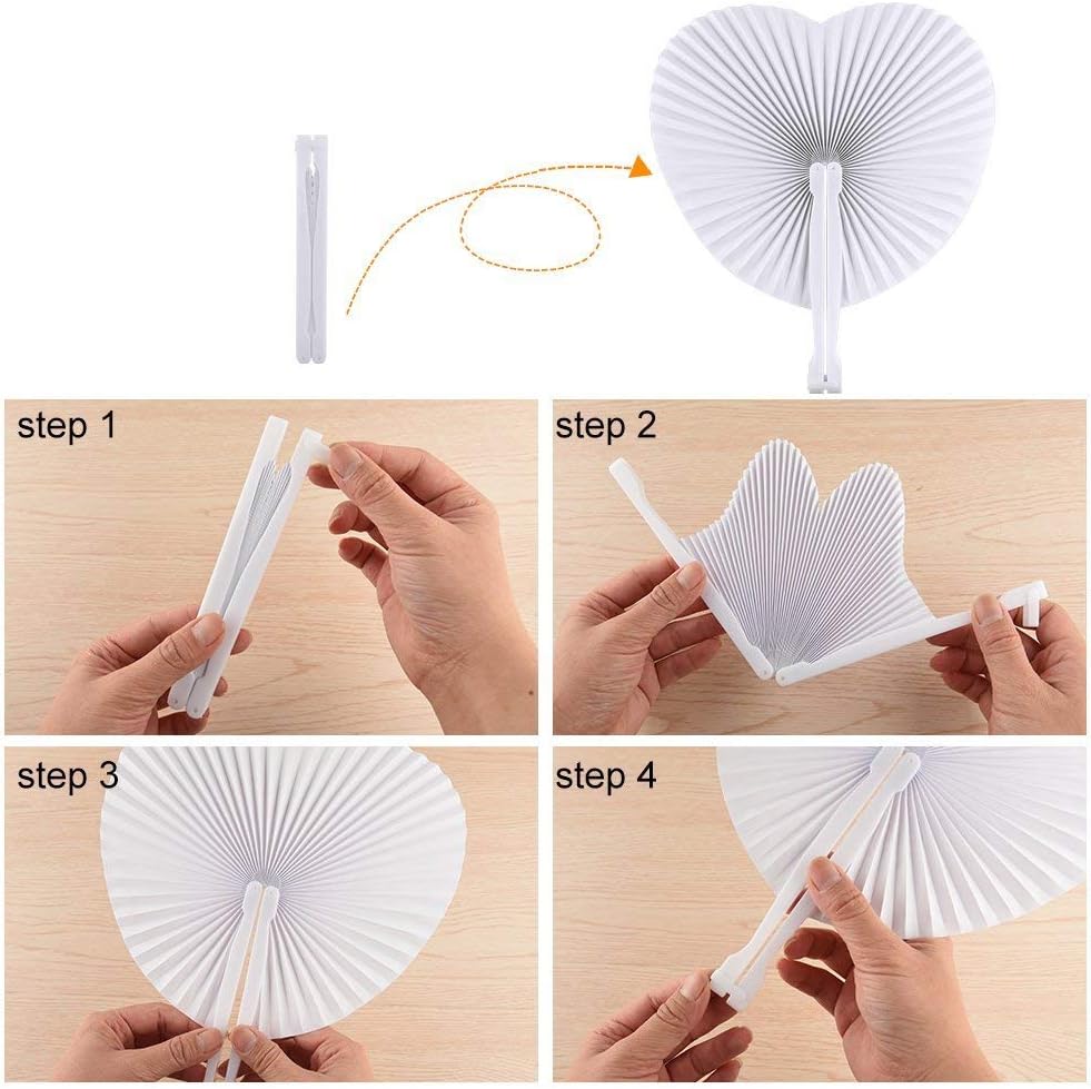 Zwin 60PCS Heart Shaped Folding Paper Fans for Wedding White Plastic Handheld Pocket Paper Fans for Party Decorations