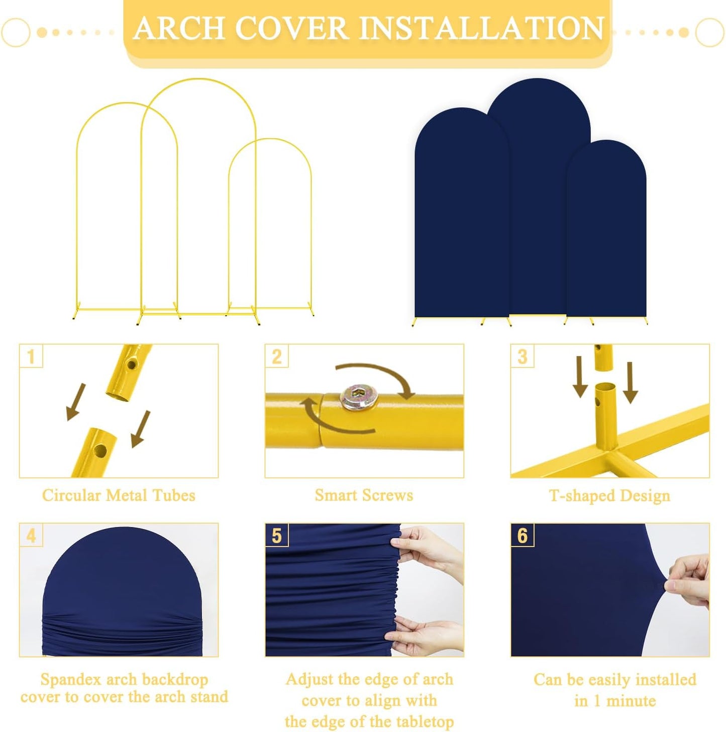 Metal Arch Backdrop Stand and Cover Set 6&6.6&7.2ft Navy Blue Arch Backdrop Covers Gold Wedding Arch Stand Set of 3 Spandex Arched Covers for Bridal Baby Shower Banquet Party Decoration