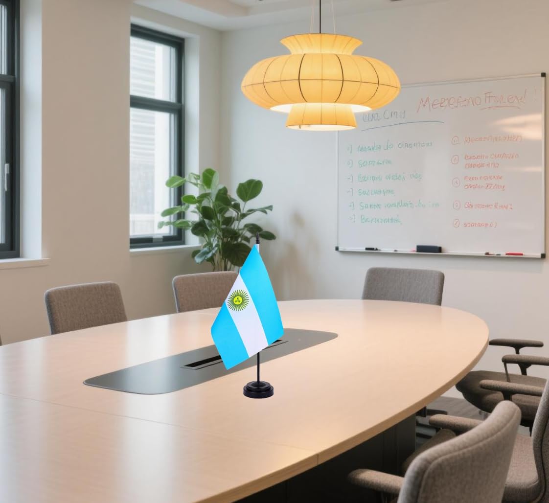 Argentina Desk Flag 12" Solid Pole Deluxe Set Argentinian Flags Banner Mini Small Argentina Office Table Flags with Black Stand Base Desktop Decorations(2Pack)