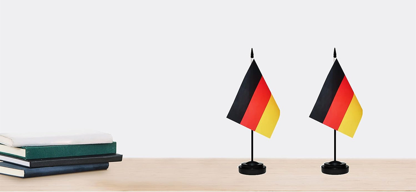 Germany German Deluxe Desk Flag Set, Small Mini Miniature Germany German Table Desktop Flags With Solid Pole, Black Base and Spear Top(2 Pack)