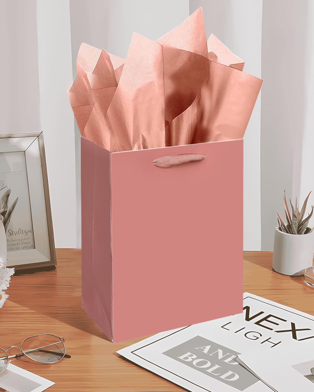 Gcardist Cinnamon Pink Gift Bags With Tissue Paper for Wedding, Birthday, Party Supplies - Medium Size 7.9"x4.3"x9.6" Cardboard (5 Bags + 10 Tissue Papers)