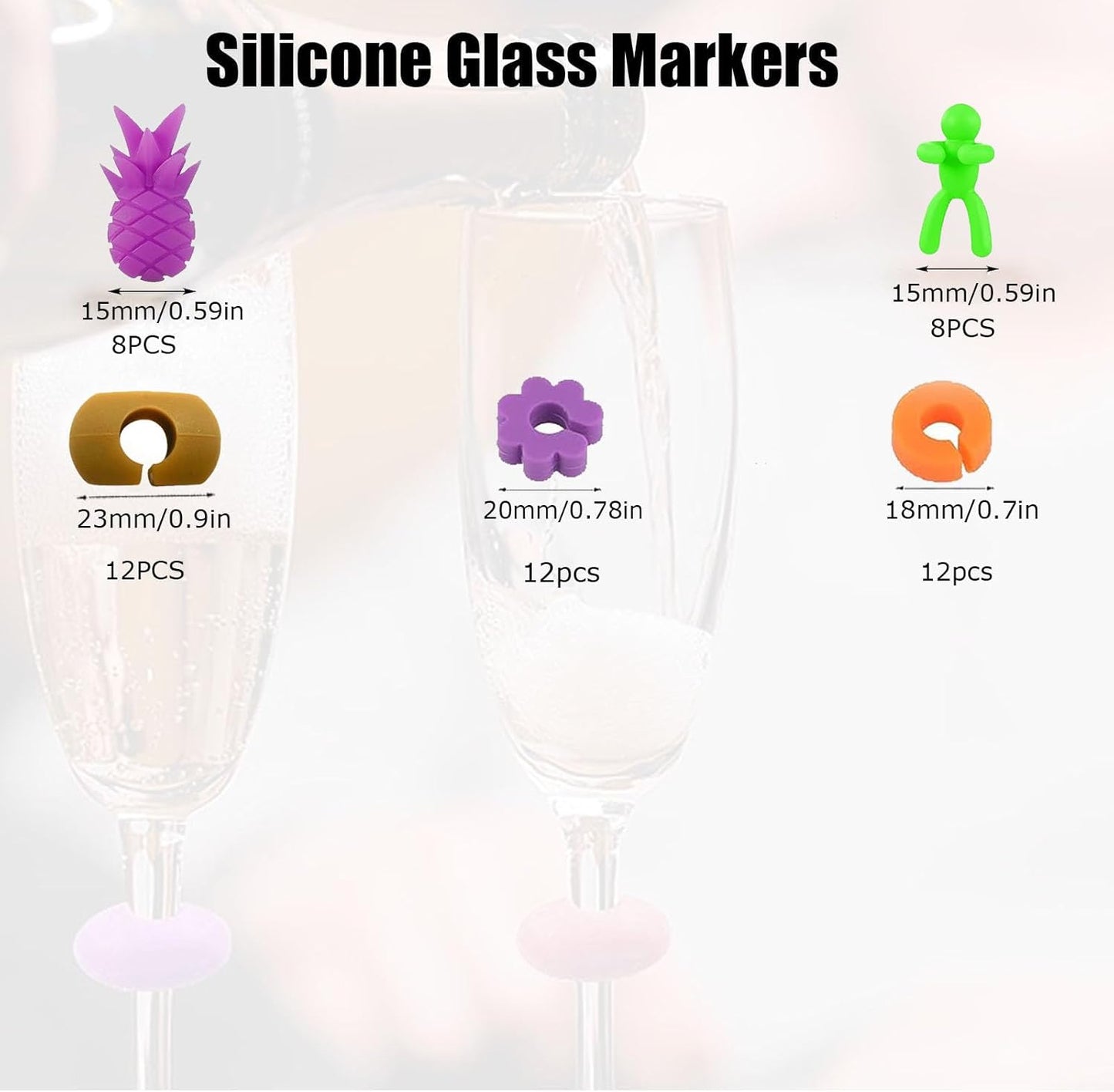 TuTuYa Wine Glass Charms - 52PCS Reusable Silicone Wine Glass Markers for Parties, Weddings, Banquets, Graduations