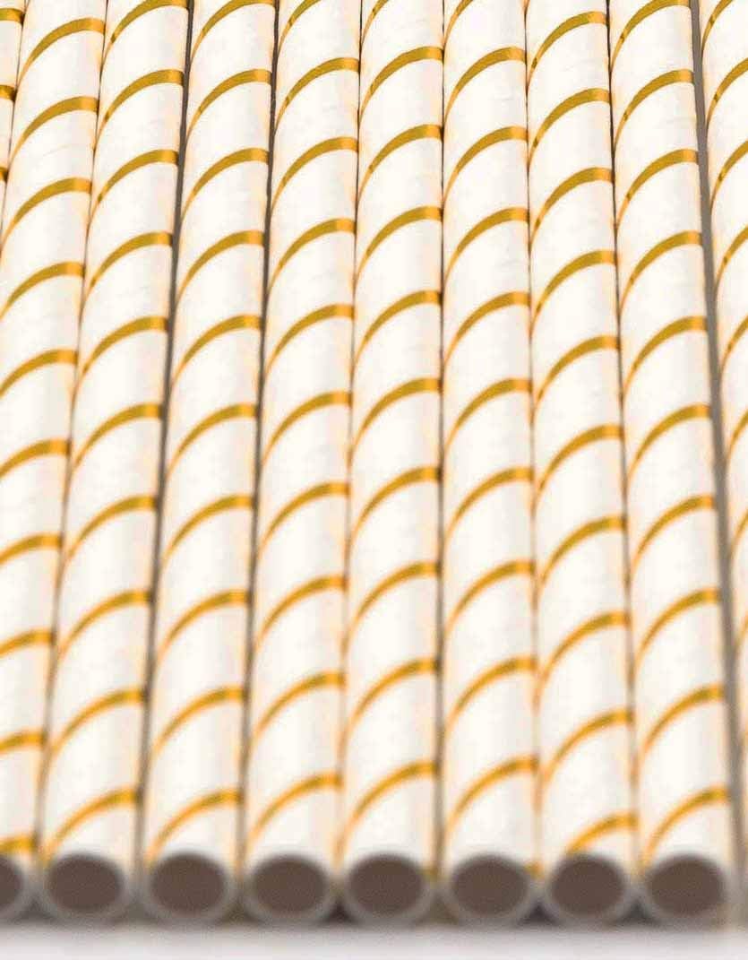 Pack of 300 Gold Foil Stripes Biodegradable 4-Ply Paper Drinking Straws (Compostable, Non-toxic, BPA-free)