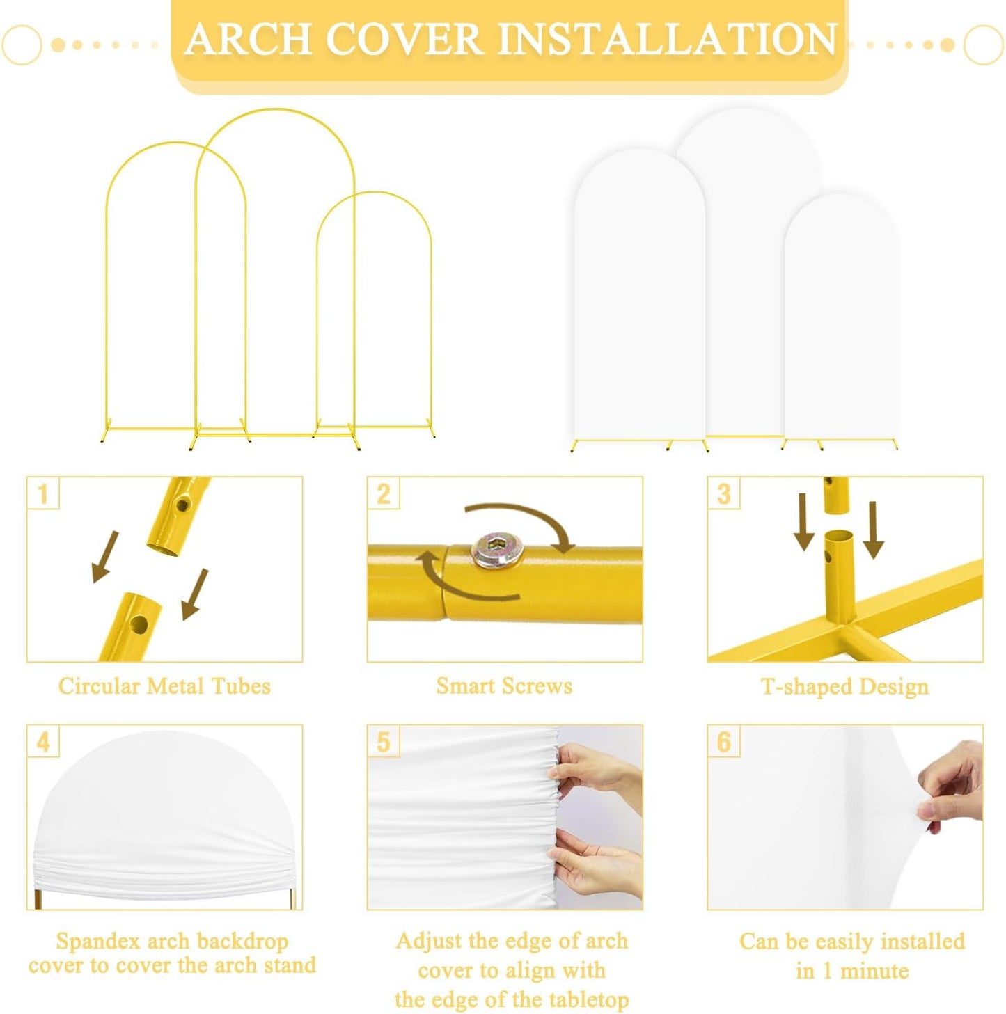 Metal Arch Backdrop Stand and White Wedding Arch Cover Set 7.2FT 6.6FT 6FT Wedding Arched Frame Balloon Arch Backdrop Stand with Spandex Arched Covers for Baby Shower Bridal Banquet Decor