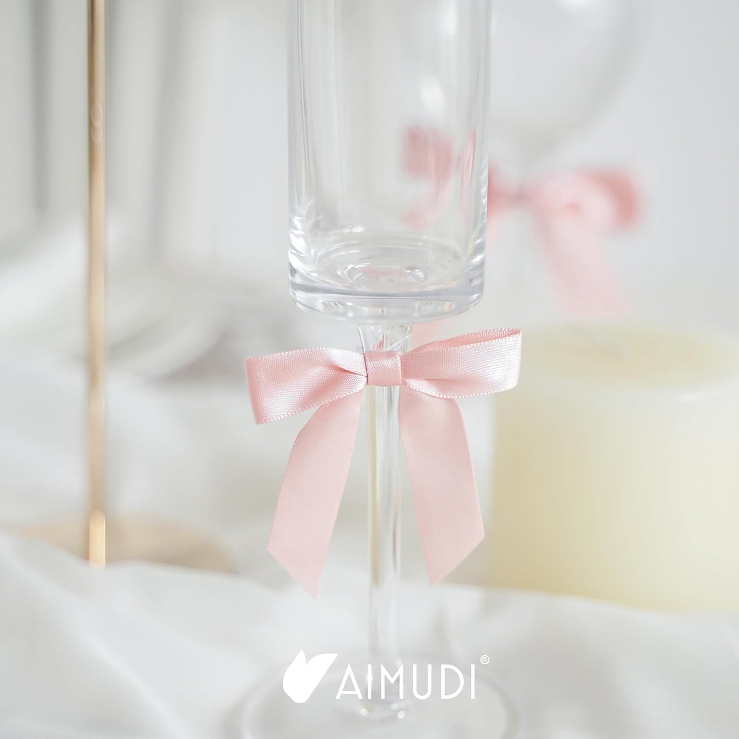 AIMUDI Small Rose Gold Bows 2.5" Pretied Satin Bows for Crafts Twist Tie Bows for Treat Bags Premade Mini Bows for Wedding Bridal Shower Bithday Baby Shower Decor - 50 Counts