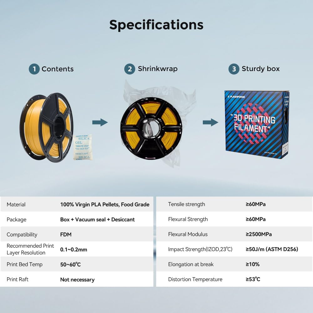 FLASHFORGE 3D Printer Filament, PLA PRO Filament 1.75mm, 1KG Spool (2.2lbs), Dimensional Accuracy +/- 0.02mm for FDM 3D Printers, Better Tenacity & No Knotting (Gold)