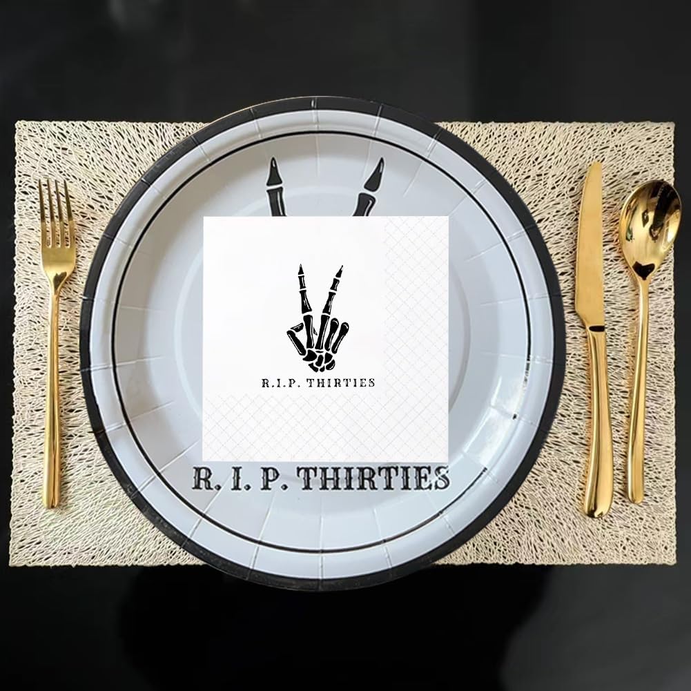 SharkBliss RIP Thirties Party Supplies 480 PCS – Paper Cocktail Napkins Party Cups Water Bottle Labels Toothpick Flags Drinking Straws Gift Tags Forks Plates for Death to My 30s 40th Birthday