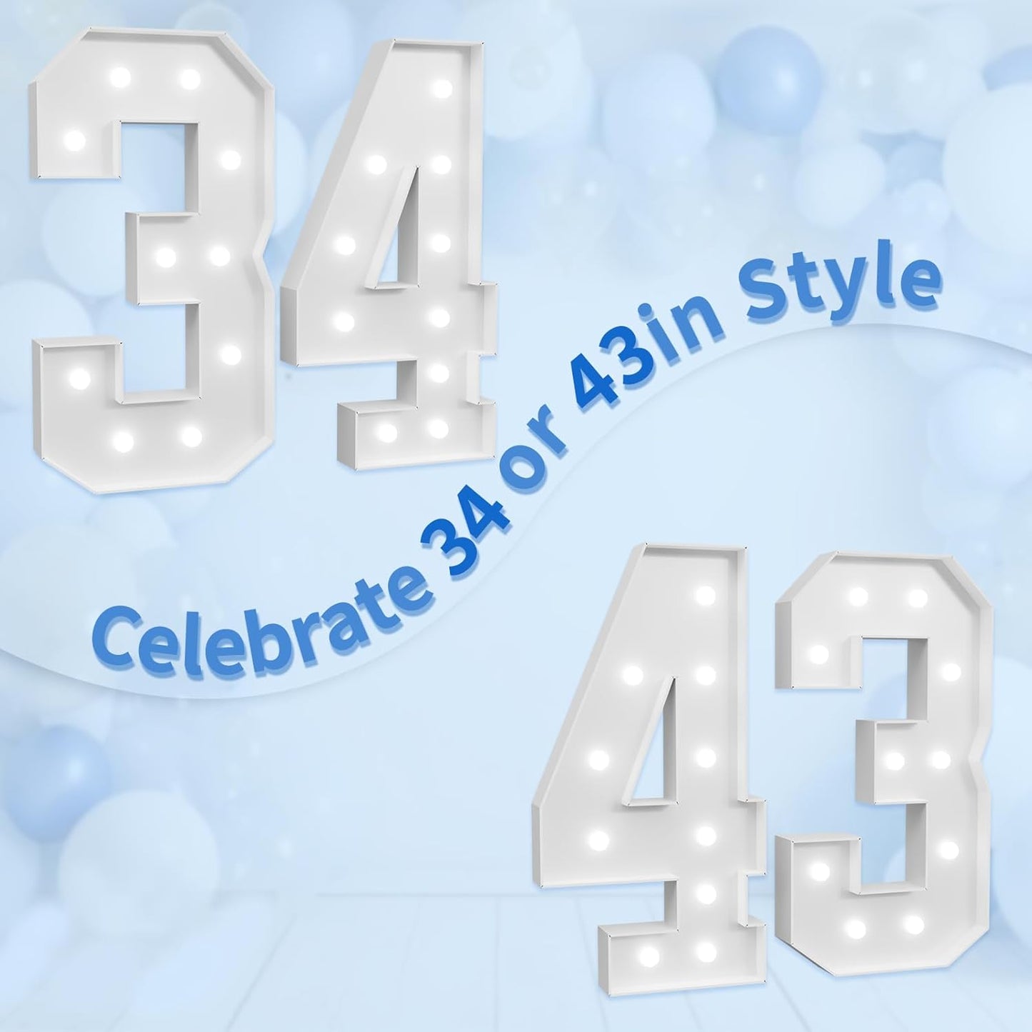 imprsv Marquee Numbers Large 34th-Birthday Decorations: 4ft Light Up Number Party Decor 34 Year Old 43rd Birthday Decoration Backdrop 43 Anniversary Cardboard Big Mosaic Balloon Frame Number 34