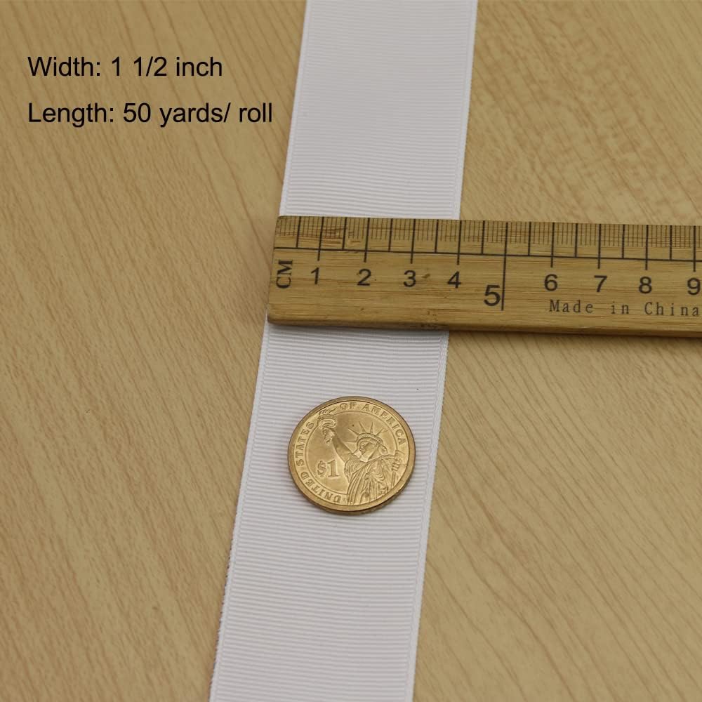 One Roll 50 Yards White Soild Grosgrain Ribbon 1 1/2 inch Boutique Gift Wrapping Package Ribbon-DIY Crafts Bow Hair Headband Accessories Assortment Ribbon #29(38mm)