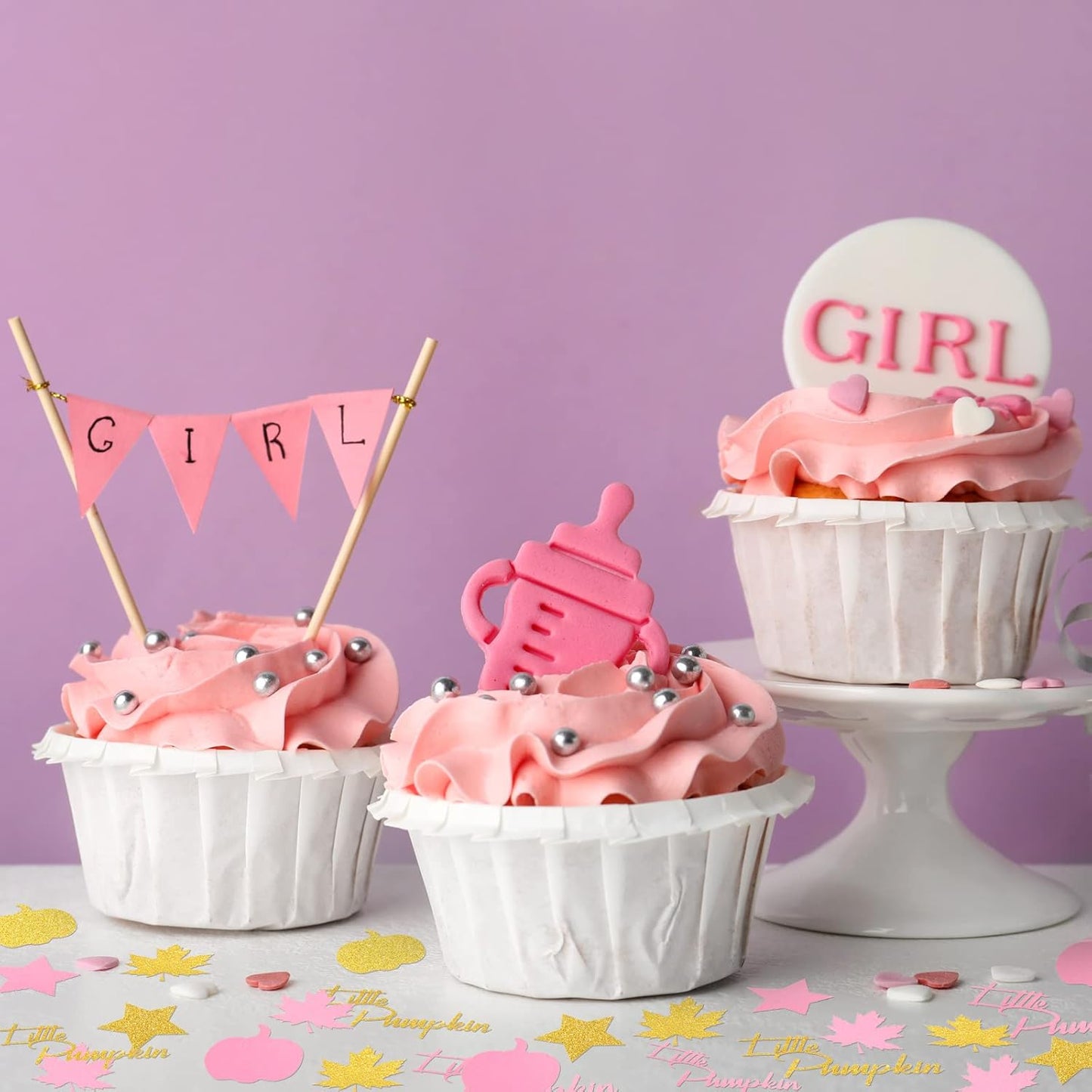 400 Pcs Fall Little Pumpkin Baby Shower Decorations Fall Thanksgiving Glitter Confetti Pink and Gold Pumpkin Confetti Autumn Thanksgiving Maple Leaf Decor for Birthday Party Supplies (Fresh Style)