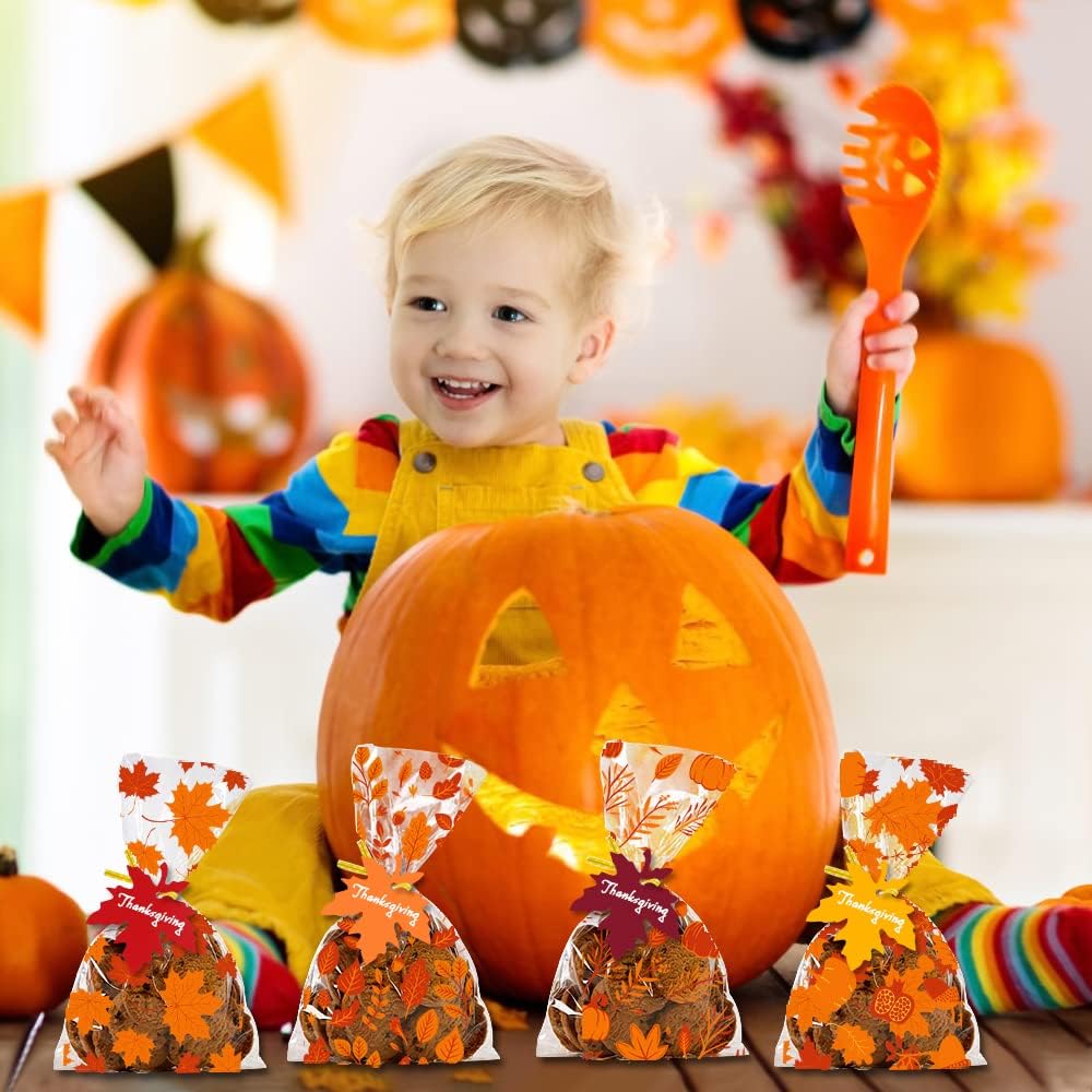 YUJUN 120 PCS Fall Cellophane Treat Bags,Maple Leaves Gift Goodie Candy Autumn Clear Cello Bags with 60 Pieces Maple Leaves Tags for Fall Autumn Thanksgiving Theme Party Favor Supplies(4 Styles)