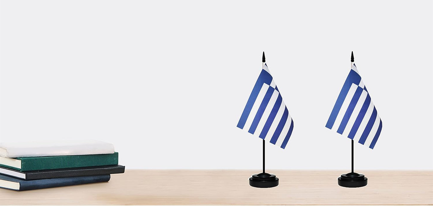 Greece Greek Deluxe Desk Flag Set, Small Mini Miniature Greece Greek Table Desktop Flags With Solid Pole, Black Base and Spear Top(2 Pack)