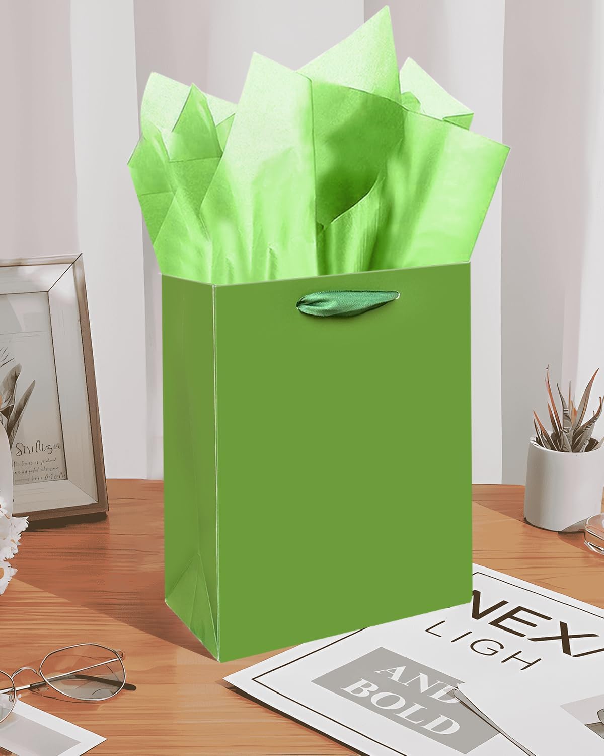 Gcardist Field Green Gift Bags with Tissue Paper for Wedding, Birthday, Party Supplies-7.9"x4.3"x9.6" Medium Size Cardboard Gift Bags(16pcs Bags +32pcs Tissue Paper )