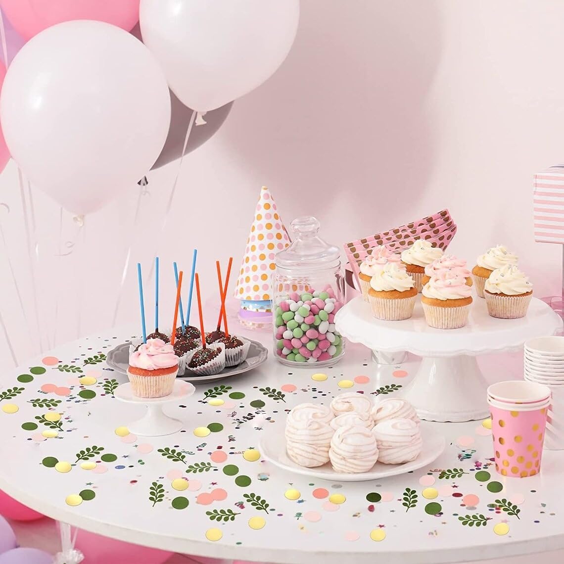 100 Pcs Pink Golden Sage Olive Green Party Table Confetti, Peach Blush Round Confetti, Table Decor for Wedding Bridal Shower Engagement Birthday Party Baby Shower