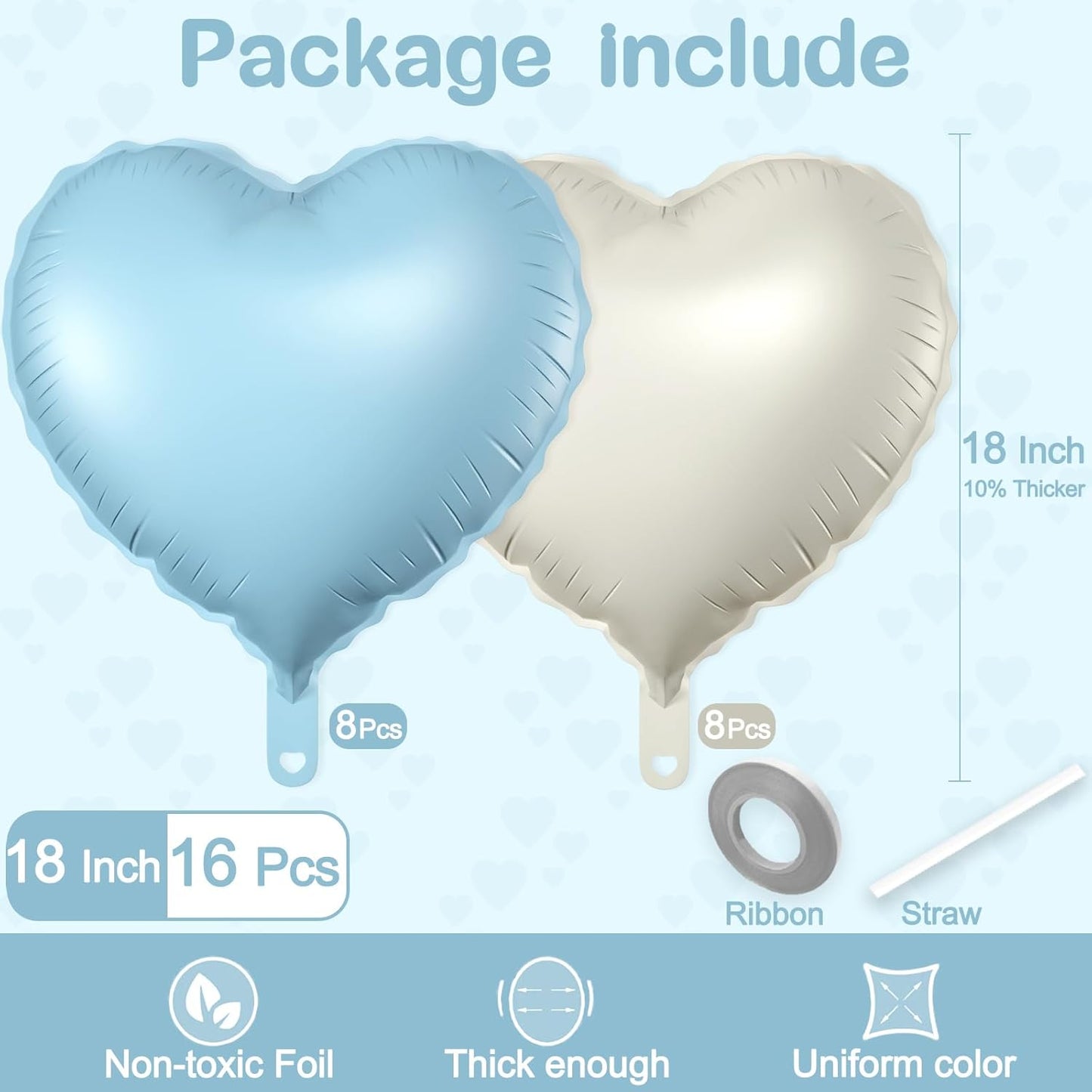 16 Pcs Heart Balloons, 18 Inch Blue White Sand Love Heart Shaped Foil Balloons for Wedding Anniversary Birthday Party Valentine Decorations Baby Shower Bridal Shower Engagement Decorations Supplies