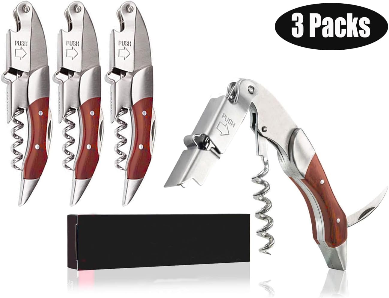 Professional Waiter Corkscrew Wine Key for Bartenders Set of 3,With Long Rosewood Handle Stainless Steel Handle Wine Opener for Bar Restaurant Waiters, Sommelier, Bartend (Rose Wood 3 Packs)