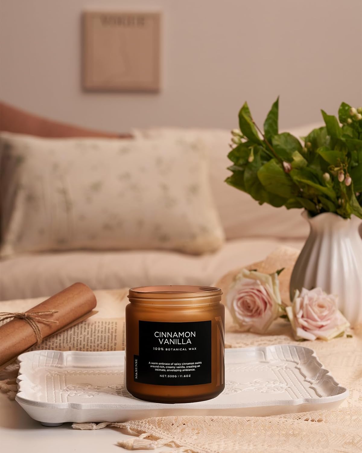 M&SENSE Cinnamon Vanilla Fall Scented Candles for Home, Natural Soy Wax 11.6oz 70 Hours Large Long Lasting Strong Scented Classic 2 Wicks Jar Candle Gift for Housewarming