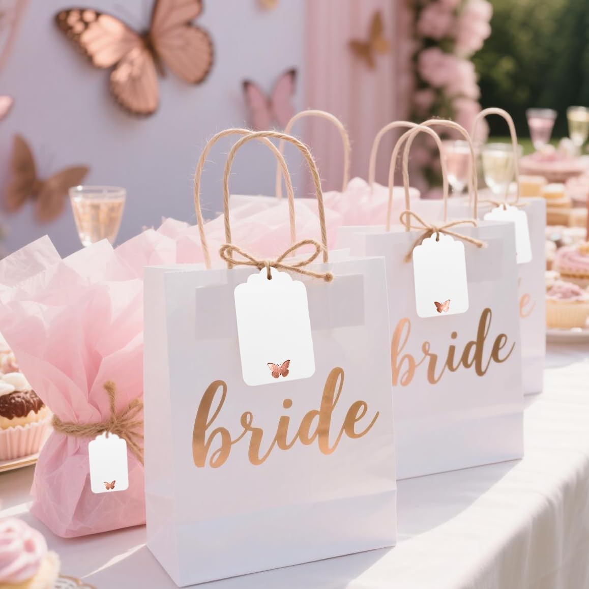 100Pcs Blank Gift Tags with String, Foil Rose Gold Butterfly Large Gift Tags with 65 Ft Jute Twine Cute Tags White Paper Gift Tag for Birthday Baby Shower Wedding Spring Summer Gift Wrap Tag