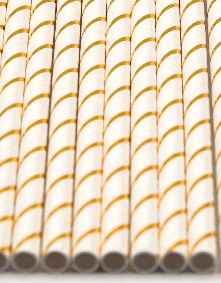 Pack of 900 Gold Foil Stripes Biodegradable 4-Ply Paper Drinking Straws (Compostable, Non-toxic, BPA-free)