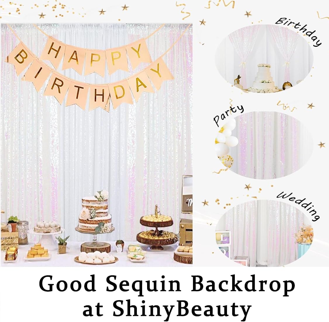 ShinyBeauty 4x10ft White Sequin Photography Backdrop | 4 Panels Glitter Sparkly Background Curtain for Weddings, Parties, and Studio Decor