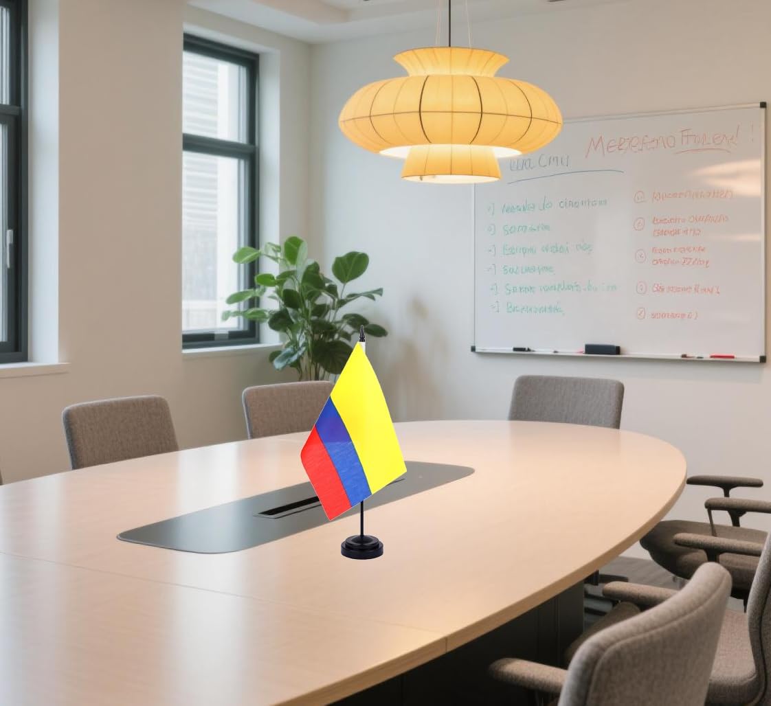Colombian Desk Flag 12" Solid Pole Deluxe Set Colombiana Flags Banner Mini Small Colombian Office Table Flags with Black Stand Base Desktop Decorations(2Pack)