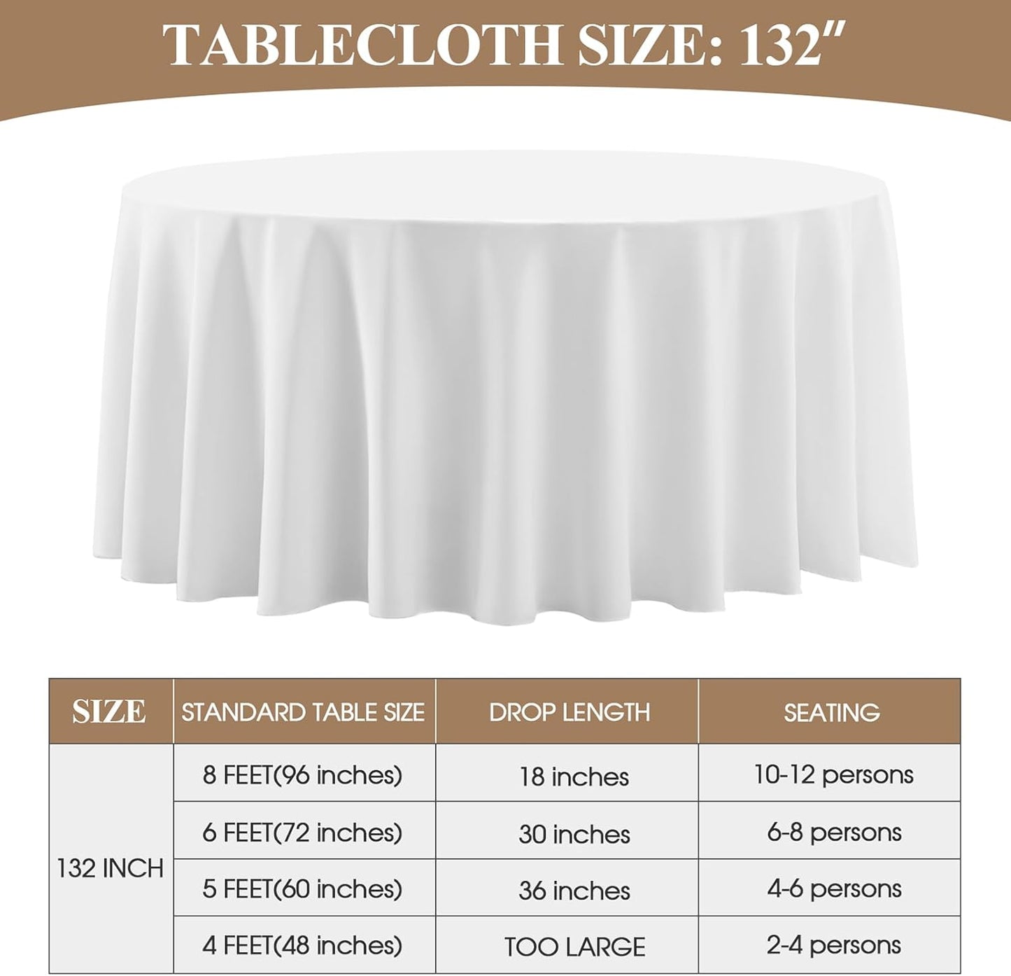 Round Tablecloth 132 Inch 6 Pack White Tablecloths Washable Decorative Linen Polyester Table Clothes Cover for Dining Table Banquets Buffet Parties and Wedding