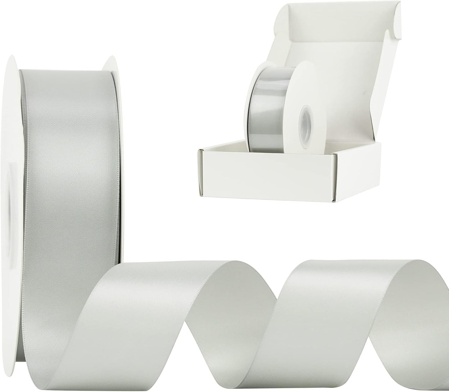 HUIHUANG Silver Ribbon Satin 1-1/2" Wide Double Face Polyester Satin Ribbons for Crafts, Thick Silk Ribbon for Gift Wrapping Hair Bows Floral Bouquet Cake Box Christmas Decor Party Favor - 50 Yards