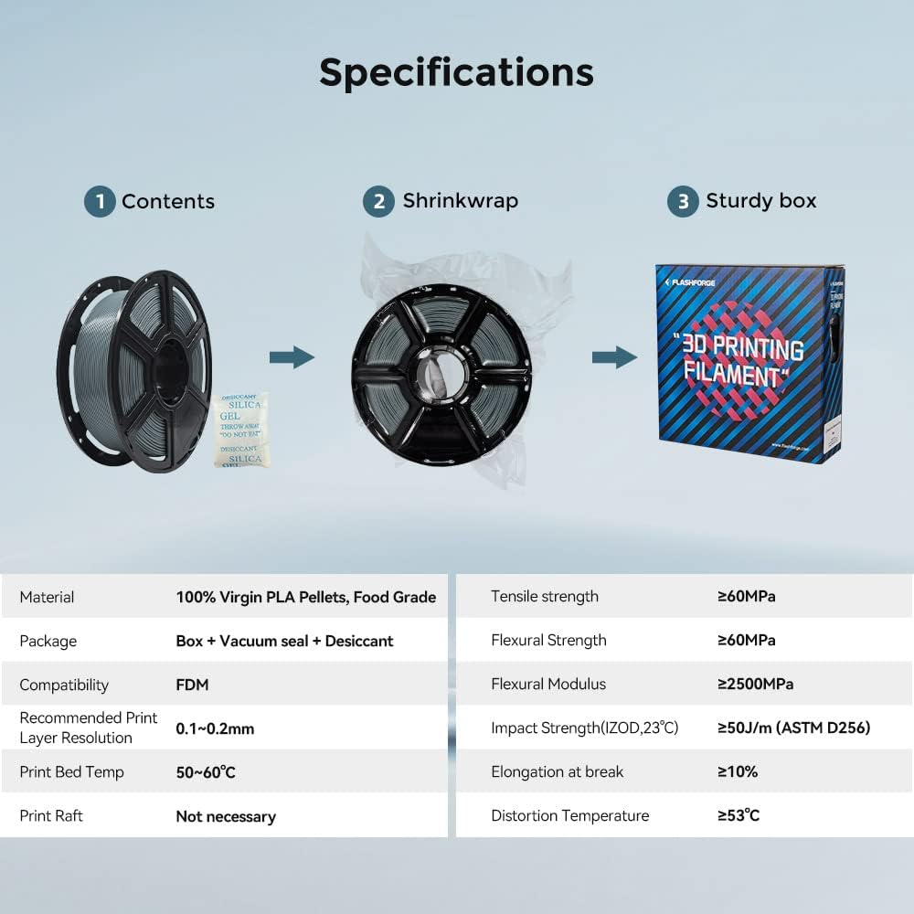 FLASHFORGE 3D Printer Filament, PLA PRO Filament 1.75mm, 1KG Spool (2.2lbs), Dimensional Accuracy +/- 0.02mm for FDM 3D Printers, Better Tenacity & No Knotting (Grey)