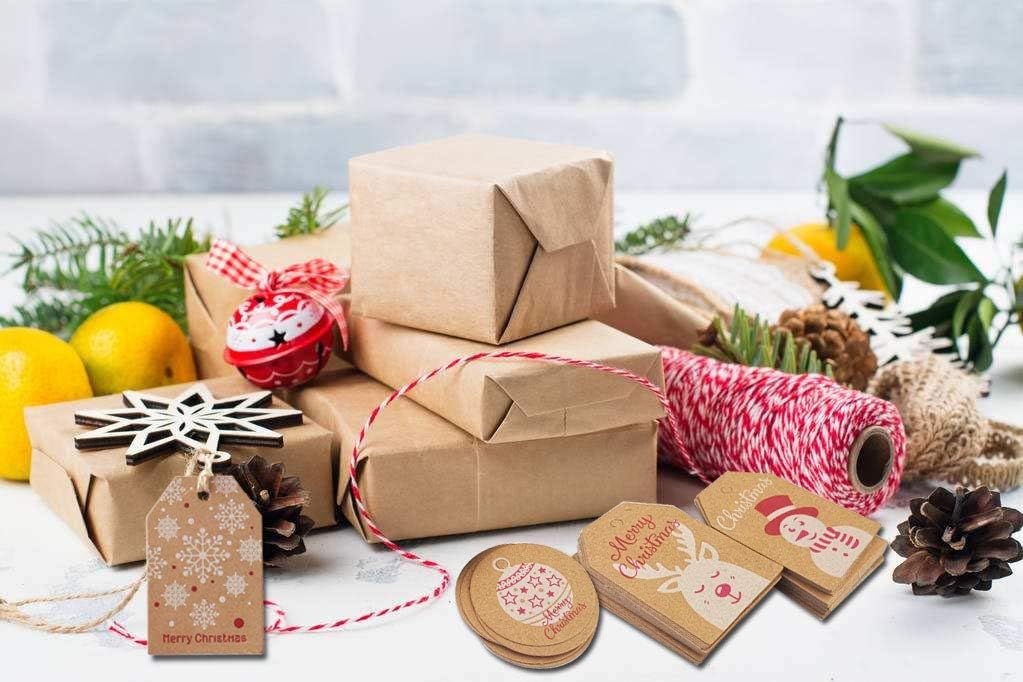100 Pack Brown Kraft Paper Christmas Gift Tags, Xmas Brown Kraft Gift Tags with Jute Twine Baker Twine for DIY Xmas Holiday Present Wrap Stamp and Label Package Name Card