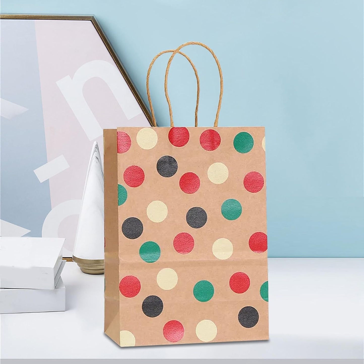 piqiya 24pcs Vintage Polka Dot Gift Bags with Handles,Colorful Dots, Circles, Spots Pattern Kraft Paper Bags for Clown Joker Party,Birthday Gift Wrap,Goody Treat Bags