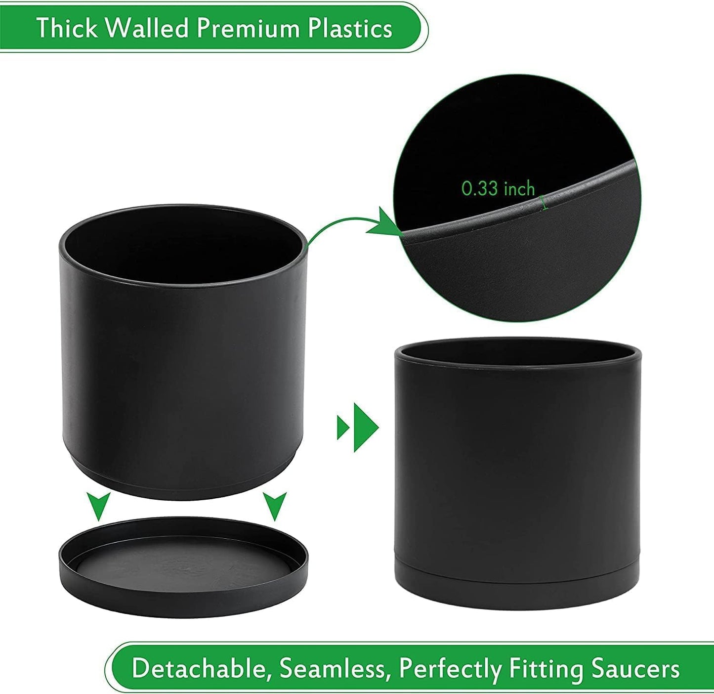 D'vine Dev 2 Pack 12 Inch Modern Plastic Plant Pots, Cylindrical Garden Planters for Plants with Drainage Holes and Saucers, Black, 74-Y-P-1
