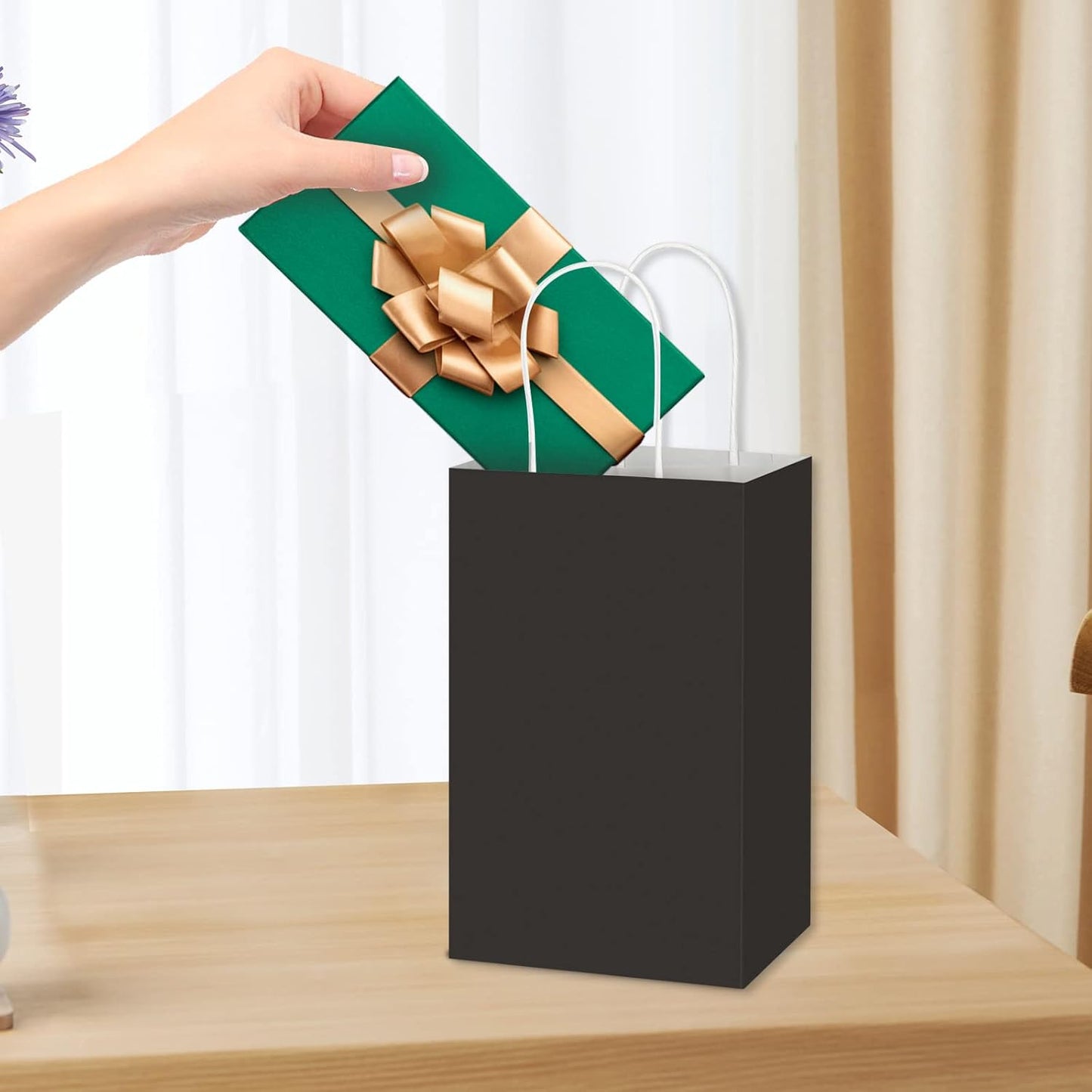 Toovip 50 Pack 5.25x3.25x8.25 Inch Small Black Kraft Paper Bags with Handles Bulk, Gift Wrap Bags for Favor Grocery Retail Party Birthday Shopping Business Goody Craft Merchandise Take Out Cub Sacks