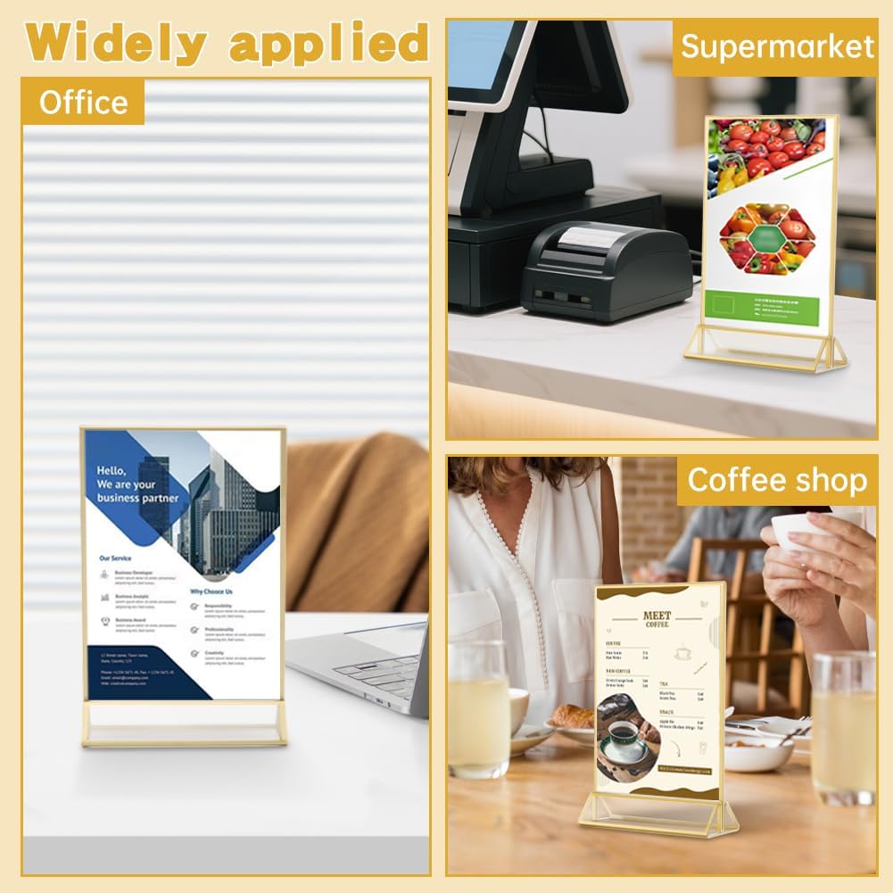 12 Pack Gold Acrylic Sign Holder 5 x 7 inch, Double Sided Gold Picture Frame Stand up Table Top Sign Holders, Wedding Table Number Frames Vertical for Party, Home, Office(5 x 7inch)