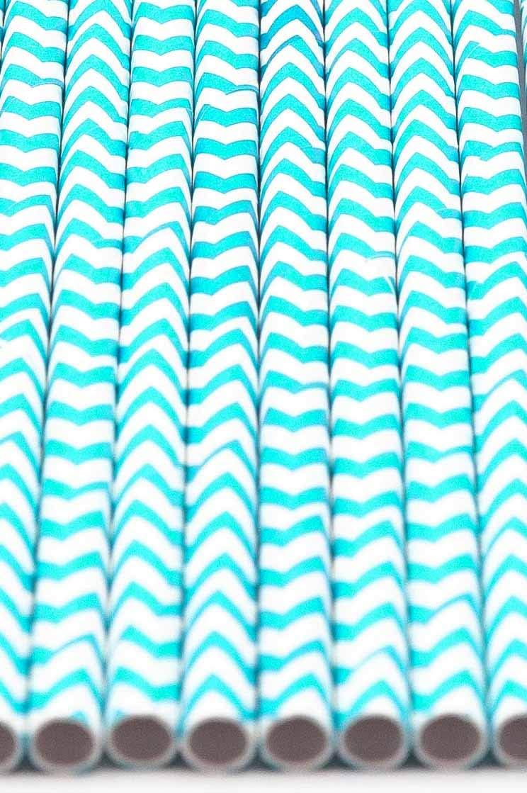 Pack of 150 Turquoise Chevron Biodegradable 4-Ply Paper Drinking Straws (Compostable, Non-toxic, BPA-free)