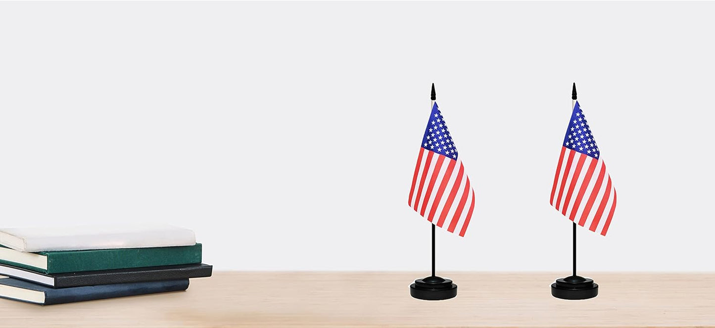 US American Deluxe Desk Table Flag Set Small Mini Miniature USA Table Desktop Flags With Solid Pole, Black Base and Spear Top(2 Pack)