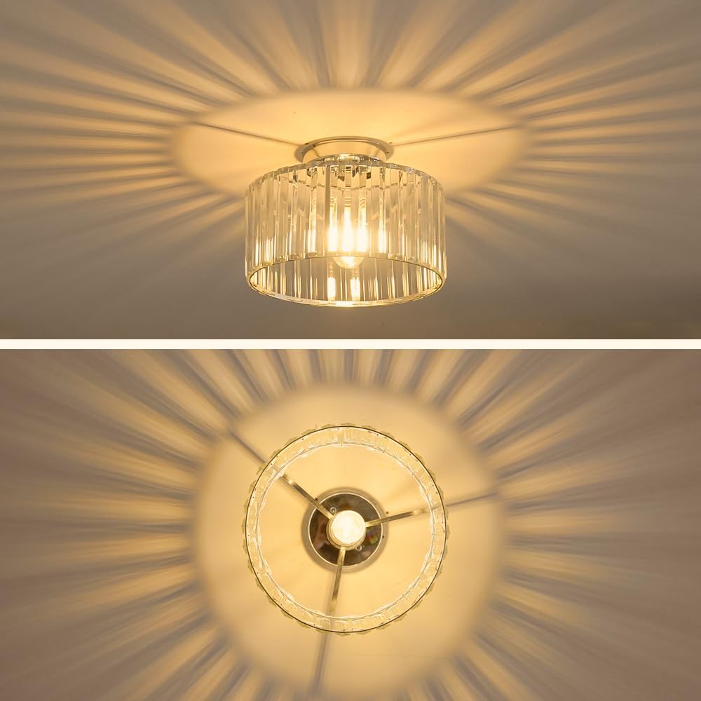Crystal Ceiling Light Fixture, Chrome Close To Ceiling Light Fixtures, Modern Semi Flush Mount Ceiling Light, Hallway Lighting Fixture Chandelier for Bathroom Bedroom Porch Kitchen Living Room, 11in