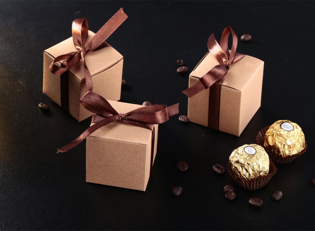 AWELL Kraft Gift Candy Box Bulk 2x2x2 inches with Brown Ribbon Party Favor Box,Pack of 50