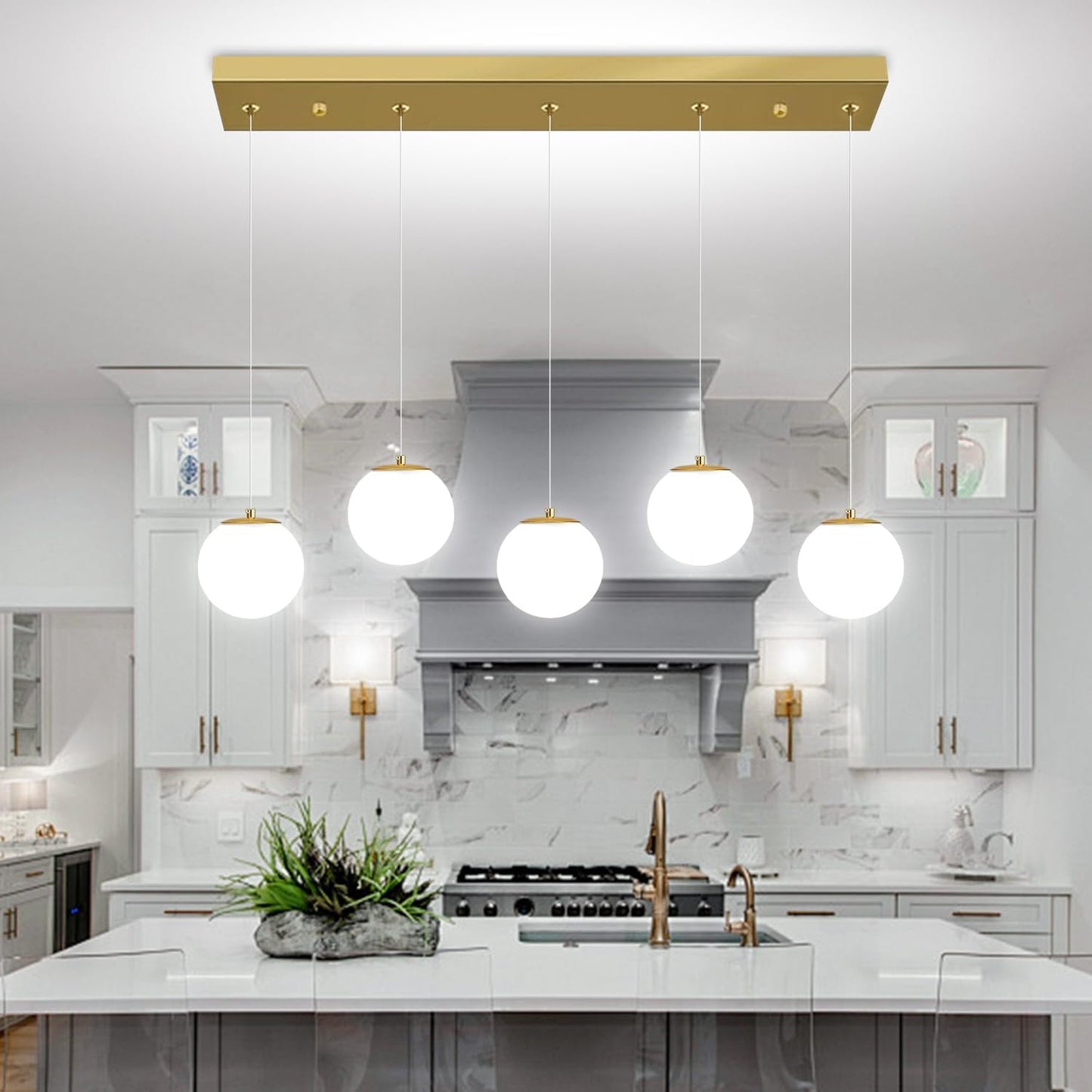 5-Lights Globe Pendant Light for Kitchen Island H 98" Gold Rectangle Chandelier Milk White Glass Pendant Lighting for Living Room Bedroom Entryway