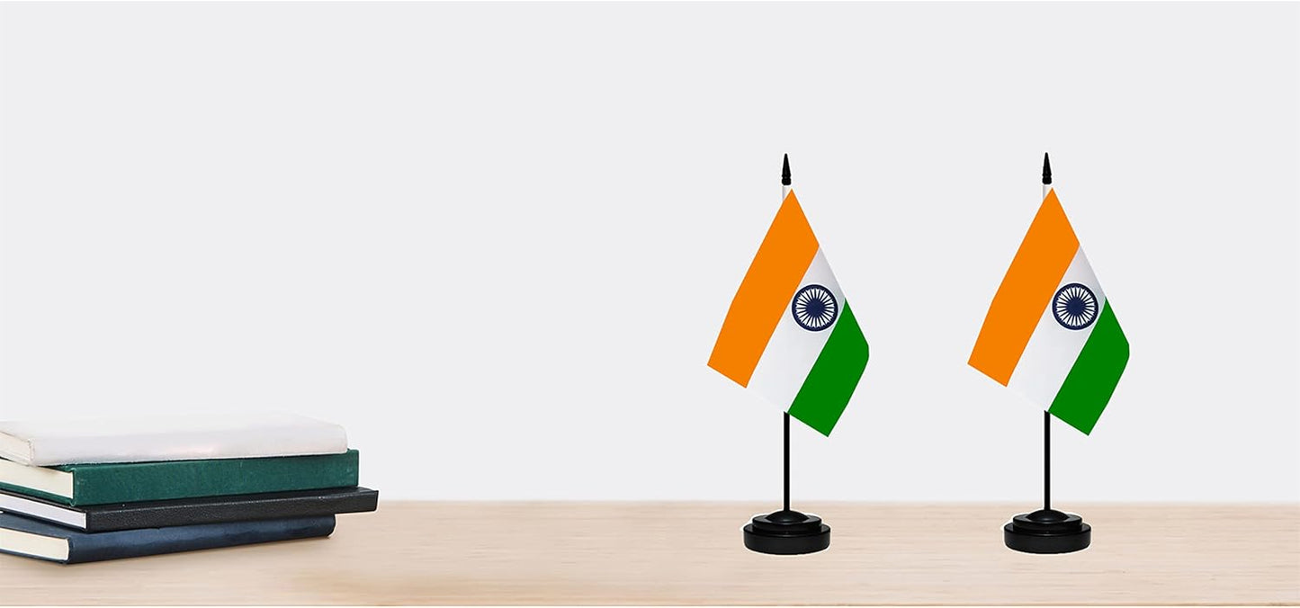 India Indian Deluxe Desk Flag Set Small Mini Miniature India Indian Table Desktop Flags With Solid Pole, Black Base and Spear Top(2 Pack)