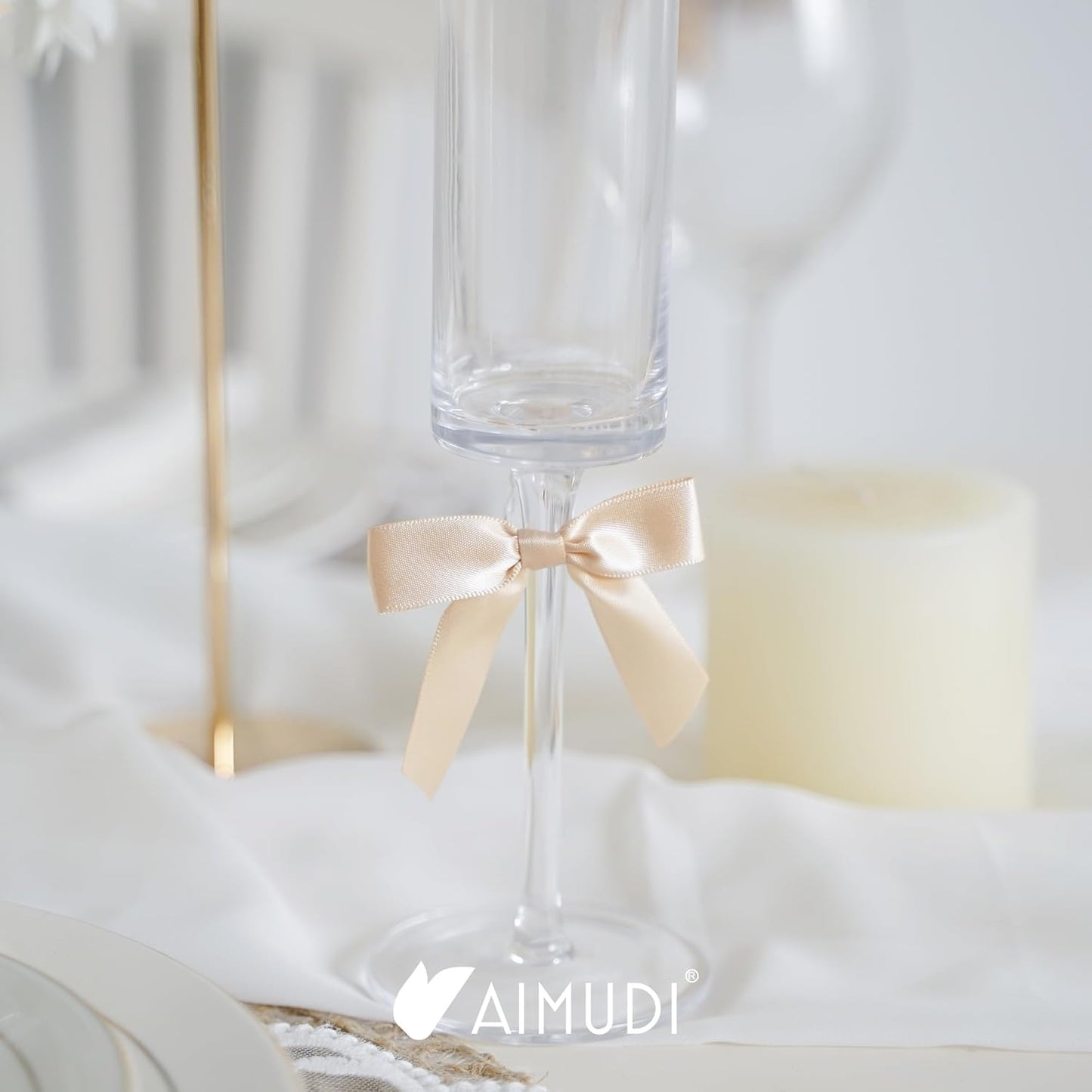 AIMUDI Small Champagne Christmas Bows 2.5" Premade Satin Ribbon Twist Tie Bows for Treat Bags Mini Bows for Christams Tree Ornaments Ribbon for Cake Pops Bows for Wedding Decor Gift Wrap- 50 Counts