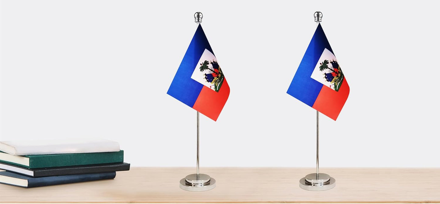 Haiti Haitian Deluxe Desk Flag Set Small Mini Miniature Haiti Haitian Table Desktop Flags,Festival Events Celebration,Office Decoration-2 Pack